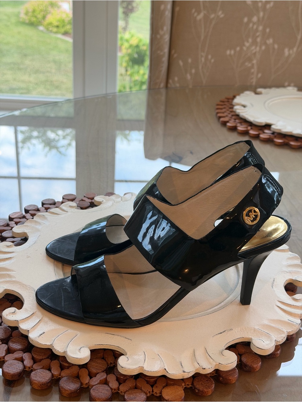 Michael Kors Black Patent Peep-Toe Slingback Heels